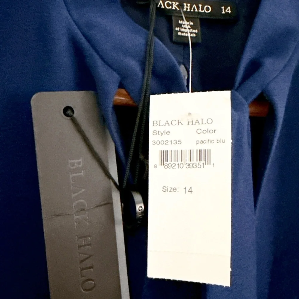 Black Halo Carolina Dress 14 Blue Career Sleeveless Modern Tie Neck Midi Length - Picture 10 of 16